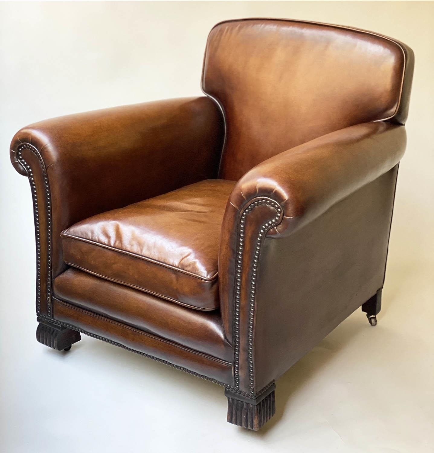 CLUB ARMCHAIRS, a pair, French Art Deco period with hand dyed leaf brown piped and studded - Image 2 of 9