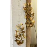 WALL LIGHTS, a pair, gilt metal foliate design, 38cm H x 15cm W. (2)