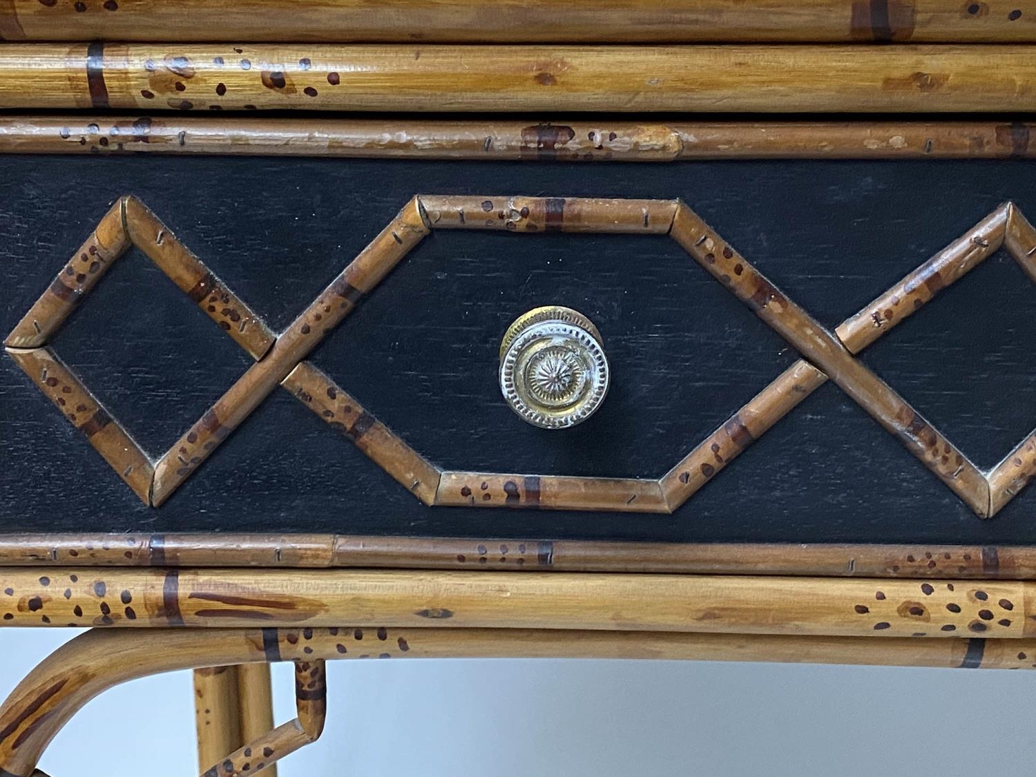 SIDE TABLE, pavilion style faux bamboo with two frieze drawers, ebonised and Carrara marble top, - Image 2 of 7