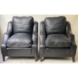 DUDGEON ARMCHAIRS, a pair, bespoke piped grained black leather with feather cushions by Dudgeon