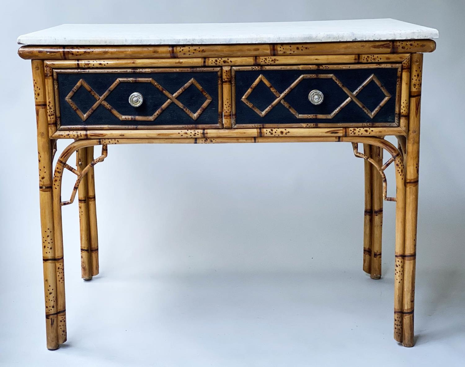 SIDE TABLE, pavilion style faux bamboo with two frieze drawers, ebonised and Carrara marble top, - Image 7 of 7