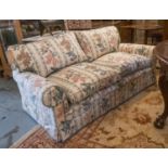 SOFA, 190cm W x 92cm D with seat and back cushions in striped floral upholstery.