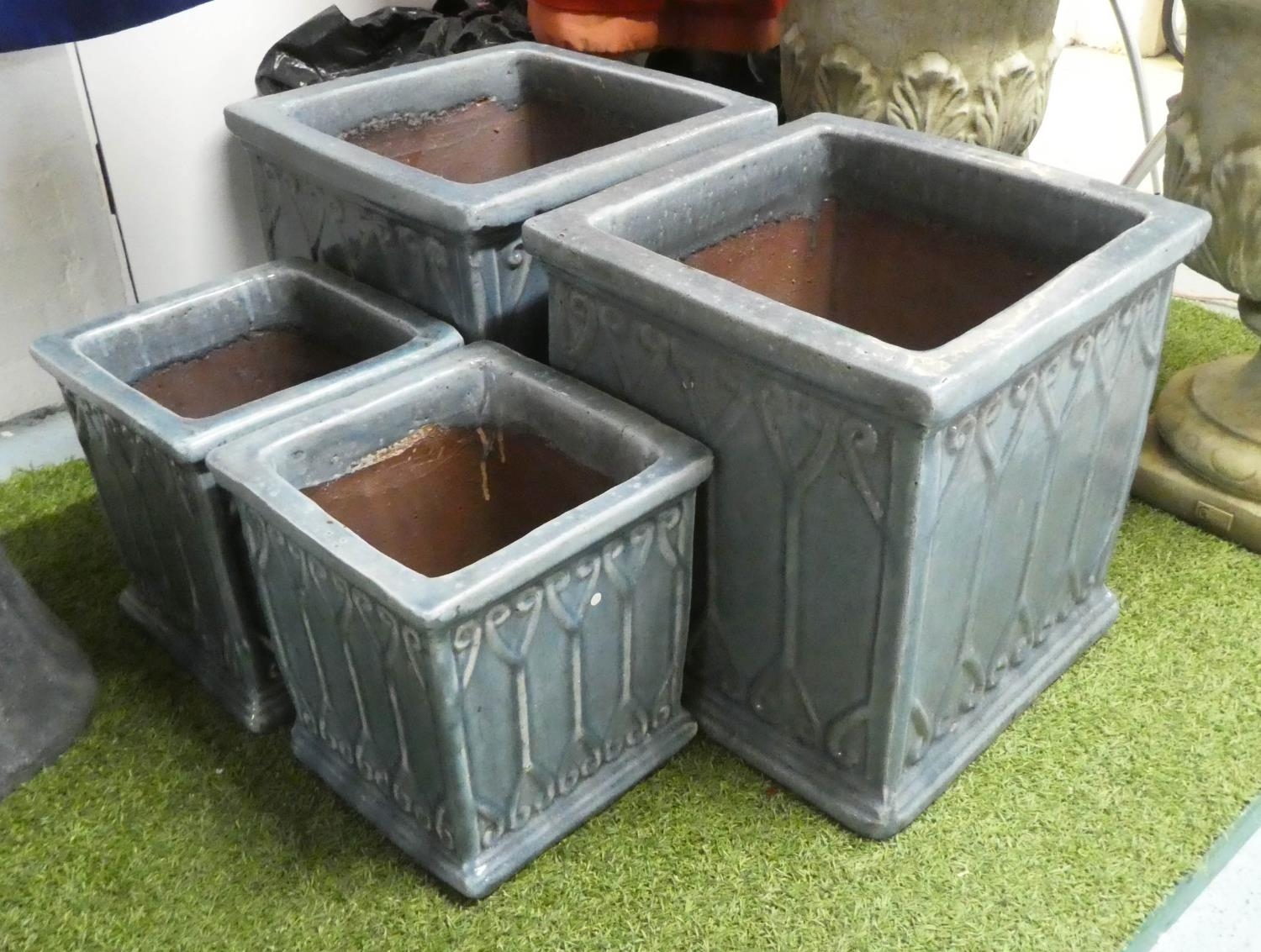 PLANTERS, four, swag glazed pale blue, two 42cm, two 31cm. (4)