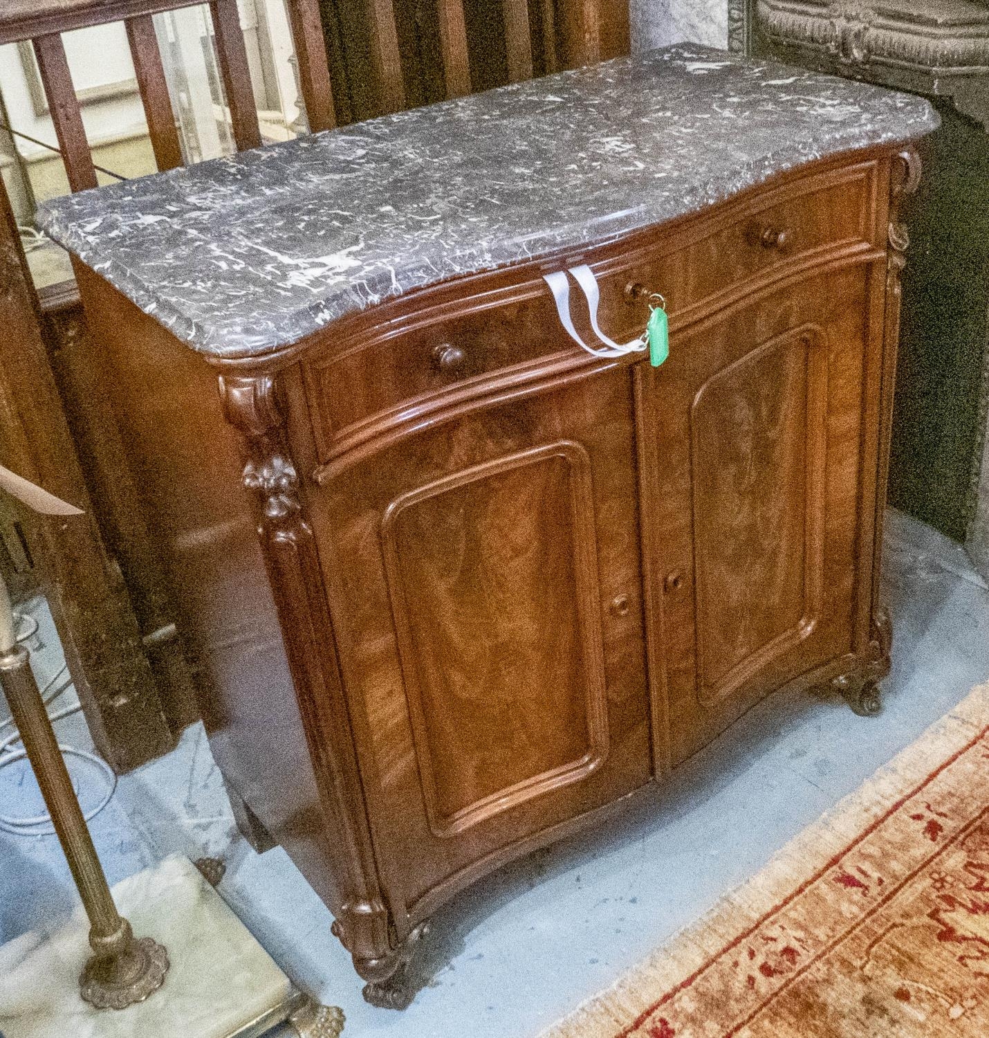 SIDE CABINET, German mahogany, circa 1870, serpentine fronted with drawer above two doors, marble