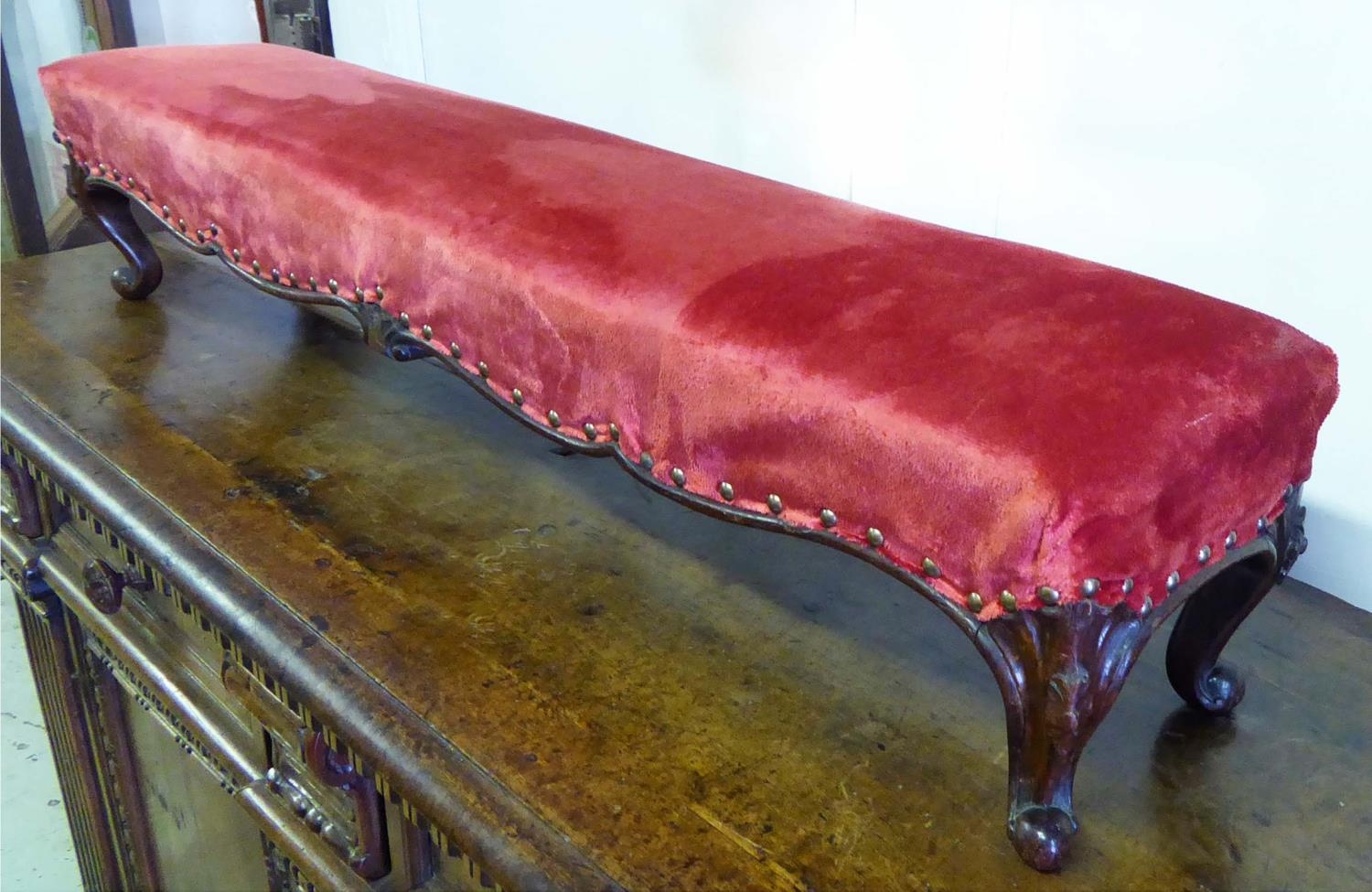 STOOL, mahogany circa 1865, with red upholstery, 105cm W x 20cm H x 21cm D.