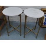 SIDE TABLES, a pair, 1960's French style, gilt metal, stone tops, 63cm H x 44cm diam. (2)