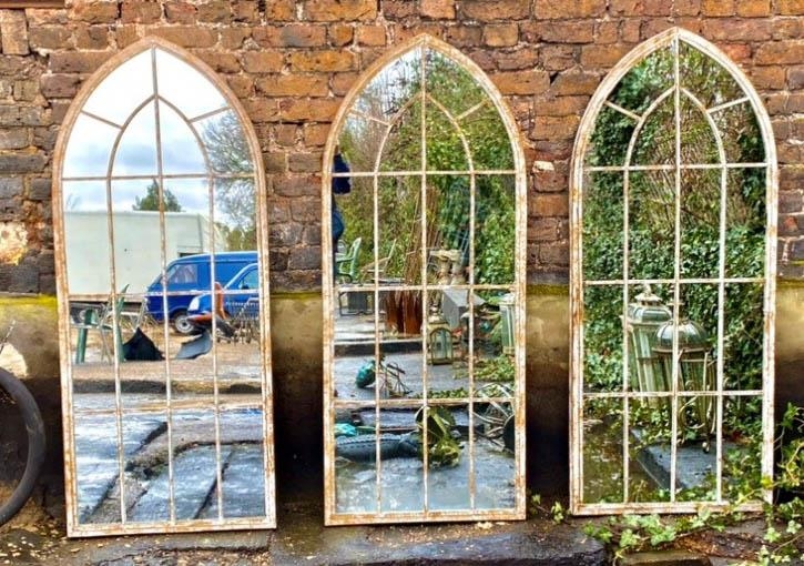 ARCHITECTURAL STYLE GARDEN MIRRORS, three, 160cm x 67cm, metal framed, (3) - Image 2 of 4