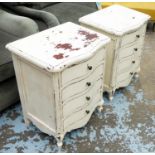 BEDSIDE CHESTS, a pair, serpentine fronted, distressed cream painted, each with four drawers, 52cm W
