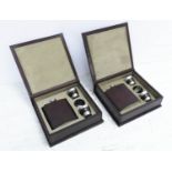 HIP FLASK SETS, a pair, both in tan leathered boxes, 19cm x 19.5cm x 6cm. (2)