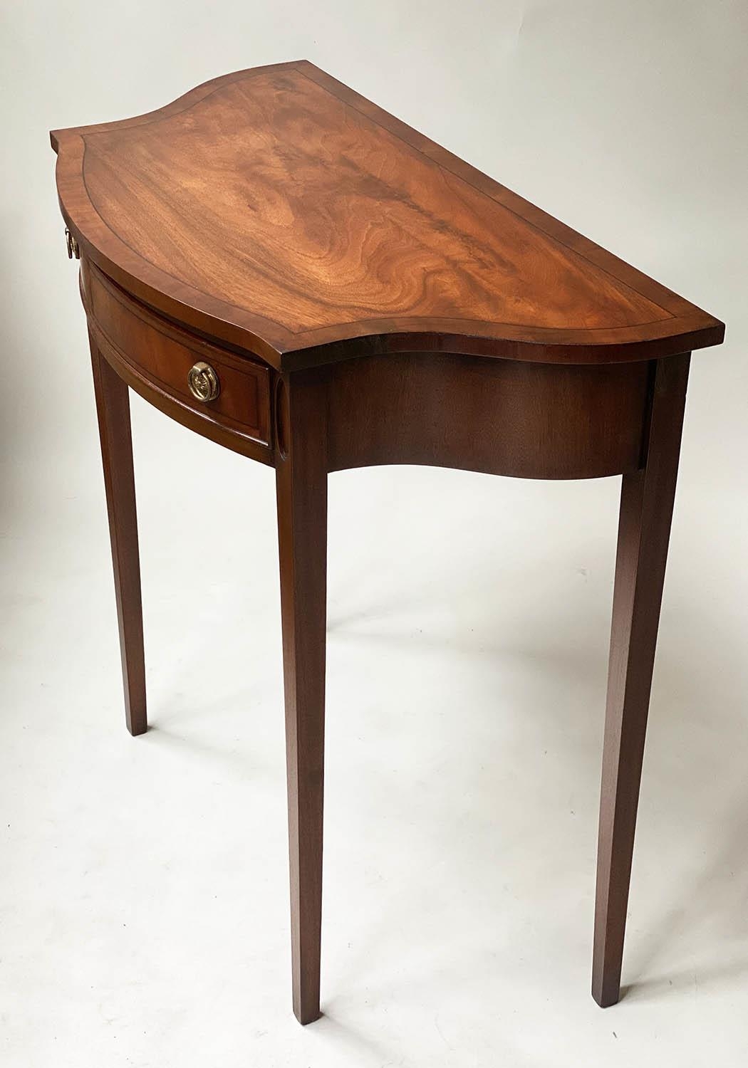 HALL TABLE, George III design figured mahogany and satinwood crossbanded, bowfronted with drawer, - Image 2 of 8