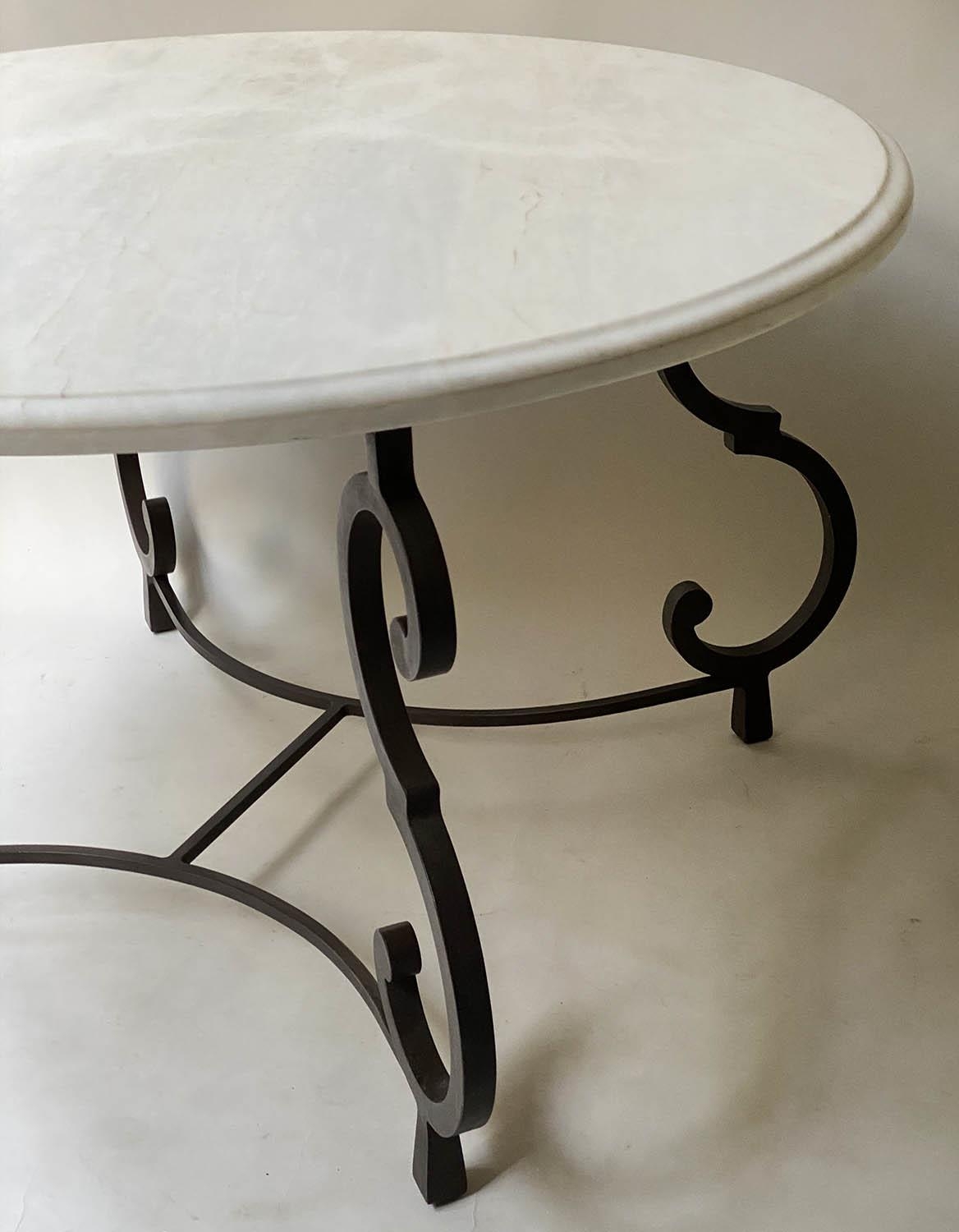 DINING/CENTRE TABLE, circular variegated white marble top on bronze scroll supports, 135cm W x - Image 2 of 6