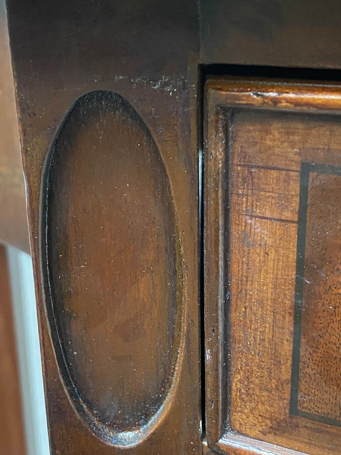 HALL TABLE, George III design figured mahogany and satinwood crossbanded, bowfronted with drawer, - Image 6 of 8