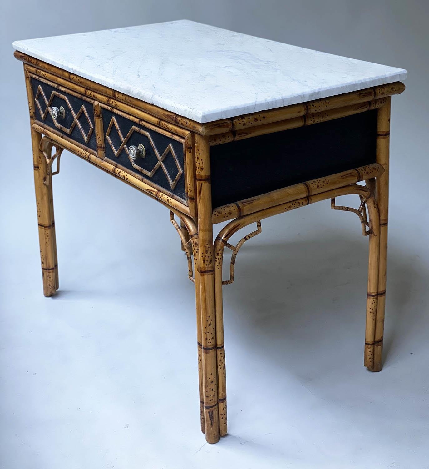 SIDE TABLE, pavilion style faux bamboo with two frieze drawers, ebonised and Carrara marble top, - Image 5 of 7