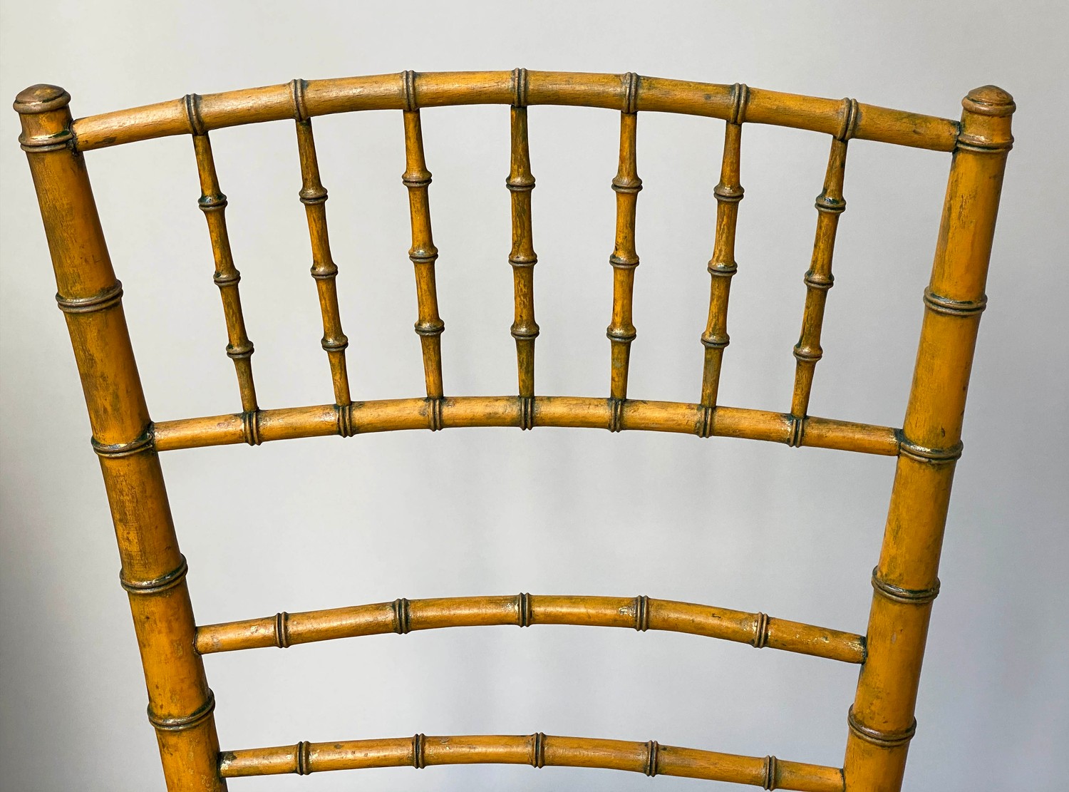 SALON CHAIRS, a pair, 19th century faux bamboo framed with button yellow satin seats. (2) - Image 2 of 8