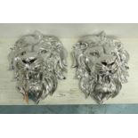 LION HEAD WALL RELIEFS, a pair, 50cm x 40cm, silvered finish (2)