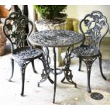 GARDEN TABLE, black metal circular, 68cm H x 60cm D and a pair of metal chairs. (3)