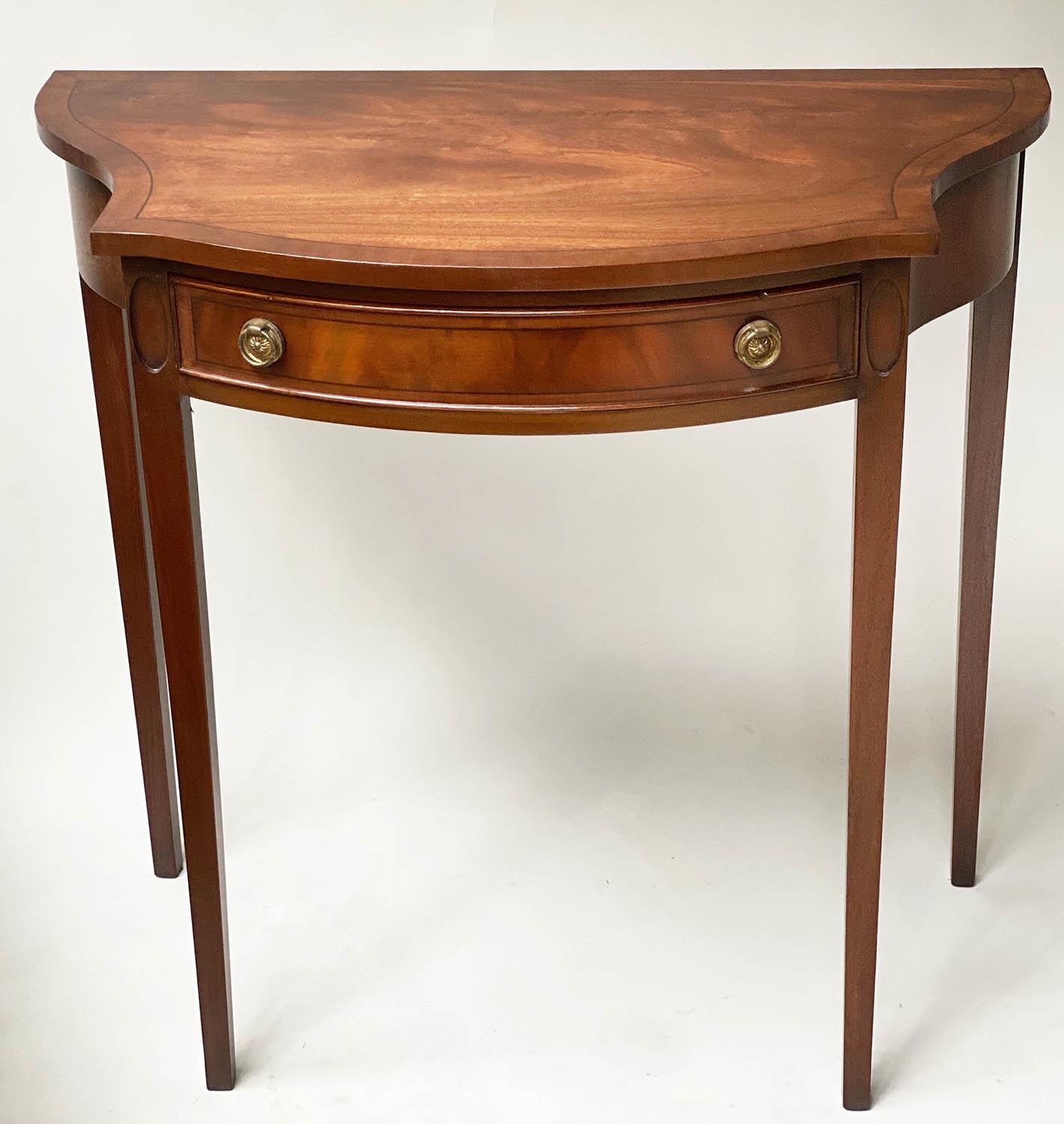 HALL TABLE, George III design figured mahogany and satinwood crossbanded, bowfronted with drawer,