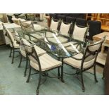 DINING TABLE, 111cm x 221cm x 74cm H, the glass top on a metal base and eight chairs, including