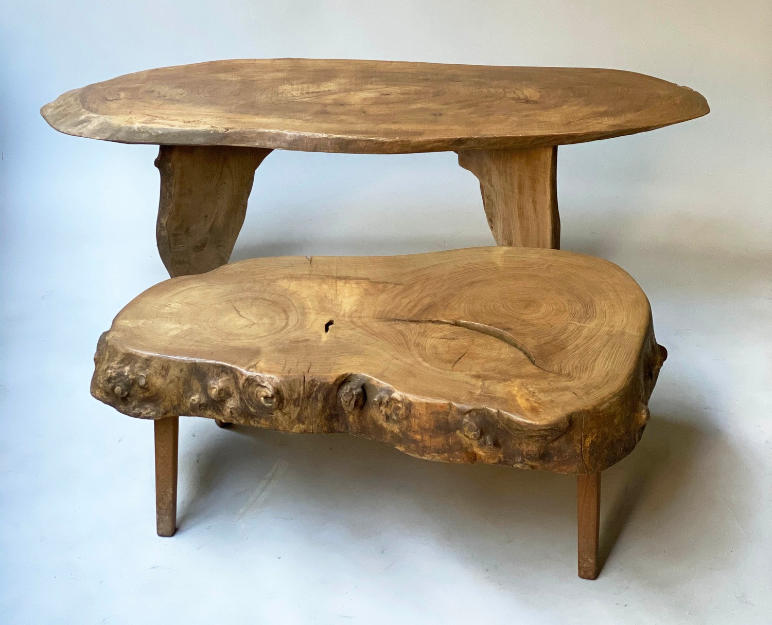 RUSTIC LOW TABLE, burr yewwood tree section on shaped supports together with a lower example, - Image 5 of 6