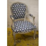 FAUTEUIL, 56cm W, Louis XV style grey painted in blue and white leaf patterned material.