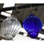 CEILING LIGHTS, two, one clear and another blue tinted glass, 104cm drop at largest. (2)