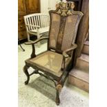 OPEN ARMCHAIR, Queen Anne style, giltwood and lacquered show frame with crown detail, caned back and