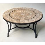 FIREPIT/BARBECUE, Spanish style circular mosaic mounted with cover, 87cm W X 40cm H.