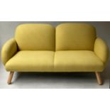 SOFA, contemporary pale yellow stitched felt with padded back and arms and splay supports, 160cm W x