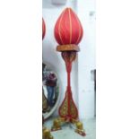 STANDING LAMP, Chinese red and gilt decorated with ovoid silk shade, 215cm H x 63cm W x 200cm D.