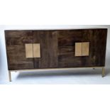 SIDEBOARD, contemporary teak with four doors with gilt metal handles and square supports, 147cm x