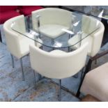 KITCHEN TABLE, 100cm x 76cm H x 100cm with a glass top and four cream upholstered chairs. (5)