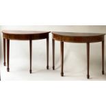 CONSOLE TABLES, a pair, George III design flame mahogany, demi lune, each with satinwood fan inlay