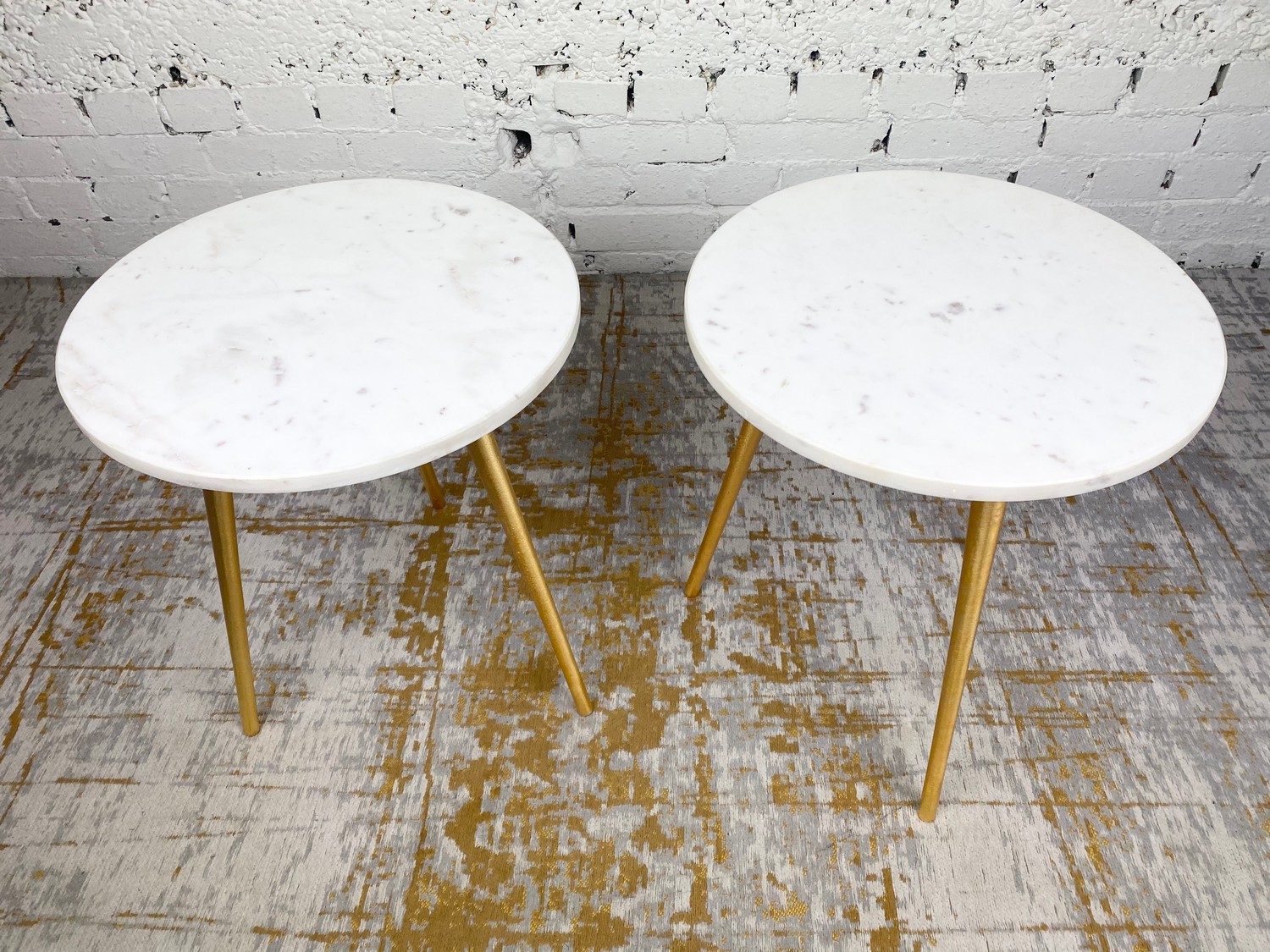 LAMP TABLES, a pair, 1970's Italian design, circular marble tops on tripod gilt metal legs, 47cm H x - Image 4 of 4