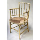 ARMCHAIRS, a pair, Regency style cream painted and decorated with bar backs and rush seats, 53cm