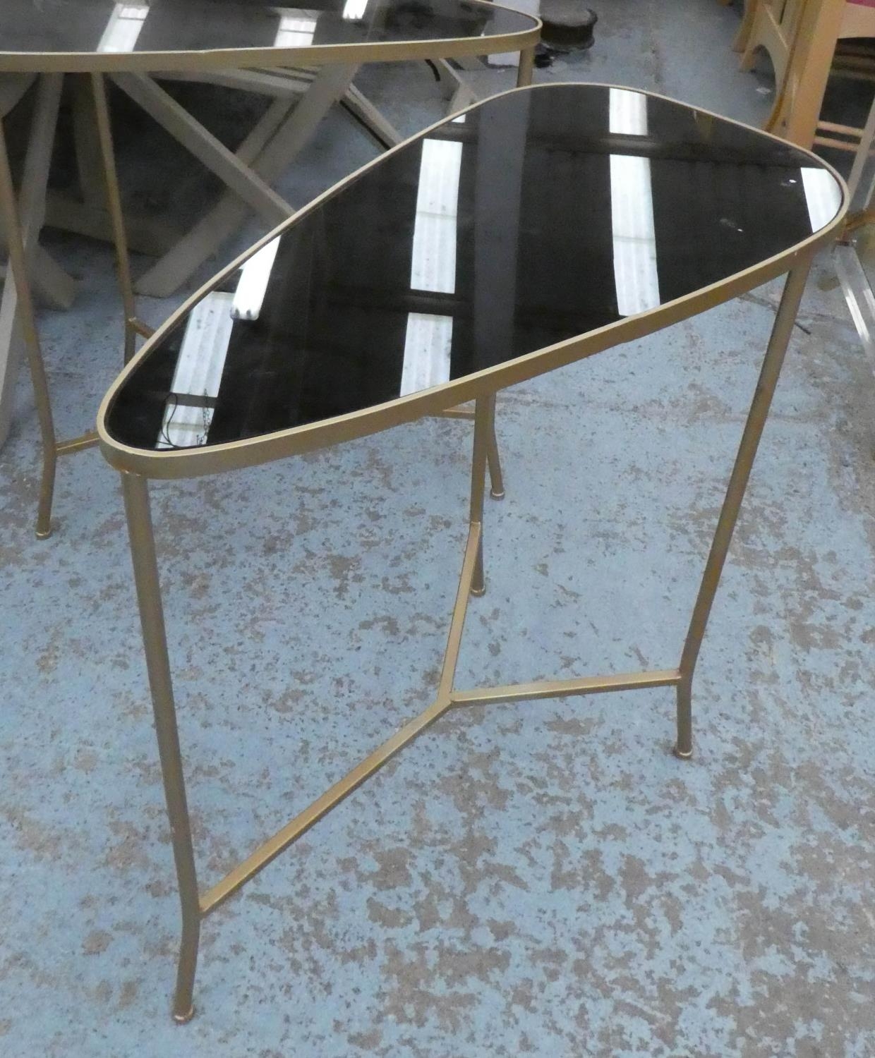 SIDE TABLES, a pair, 1950's Italian style, gilt metal, smoked glass tops, 70cm x 36cm x 71cm. (2) - Image 4 of 6