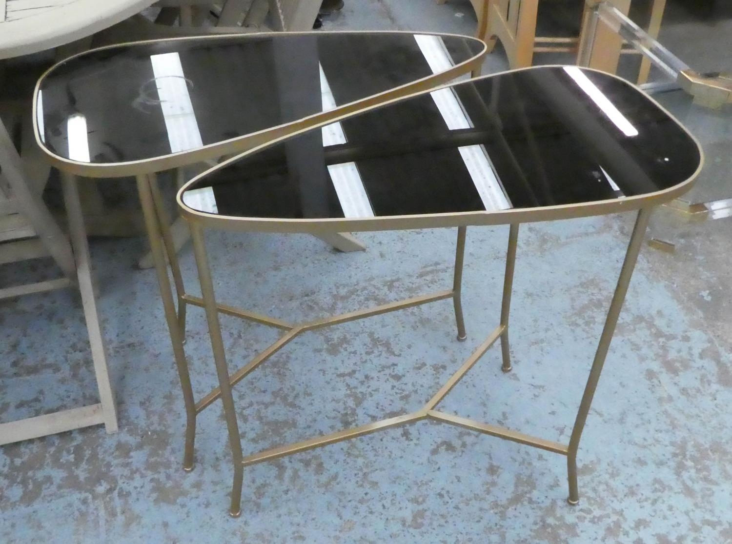 SIDE TABLES, a pair, 1950's Italian style, gilt metal, smoked glass tops, 70cm x 36cm x 71cm. (2) - Image 2 of 6