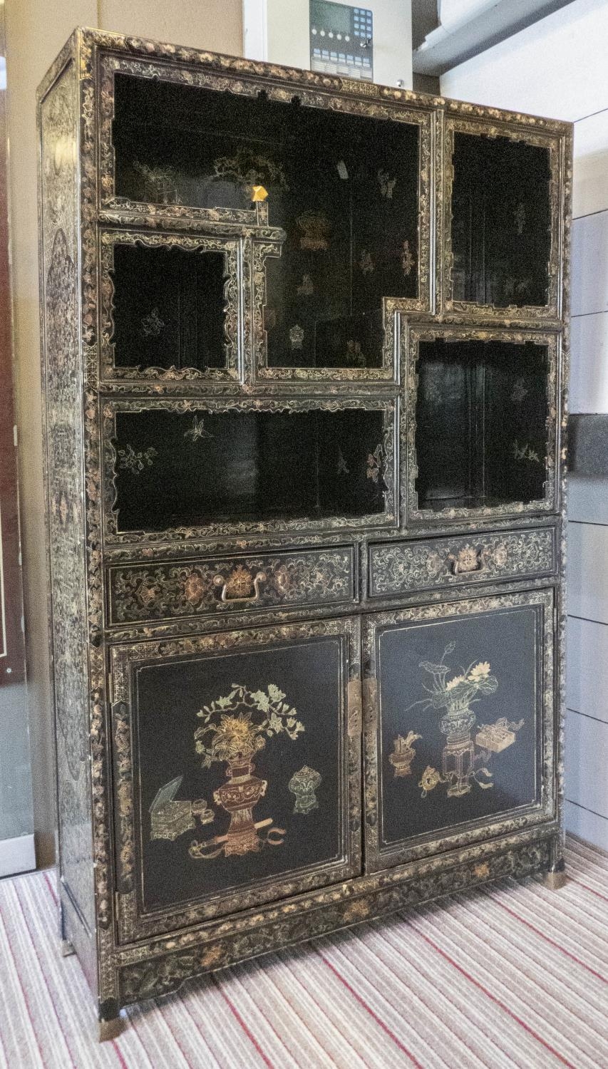 SIDE CABINET, 30cm D x 160cm H x 101cm W, Chinese black lacquer with open shelves above two