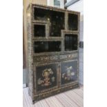 SIDE CABINET, 30cm D x 160cm H x 101cm W, Chinese black lacquer with open shelves above two