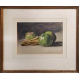 EARLY 20TH CENTURY SCHOOL 'Still life with apples and bananas', watercolour, 17cm x 24cm, framed.