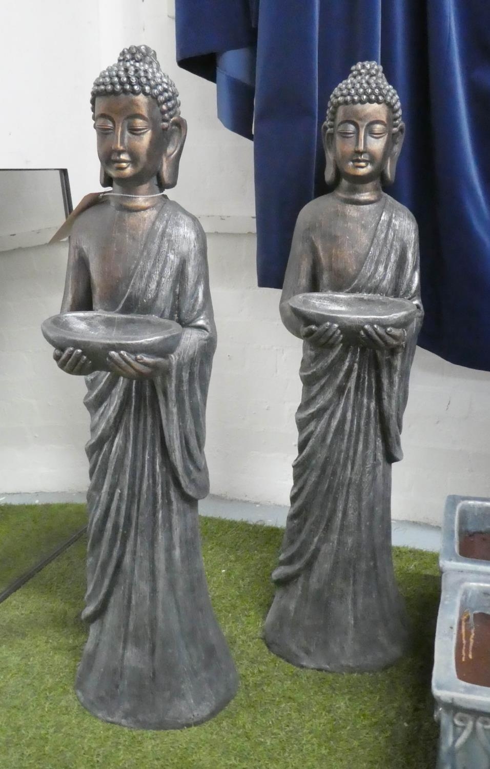 STANDING BUDDHAS WITH DISH, two, 106cm. (2) - Image 2 of 6