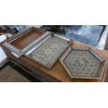 DAMASCUS STYLE TRAY, 33cm W x 38cm D, another hexagonal tray, 36cm W and a frame, 52cm W x 36cm