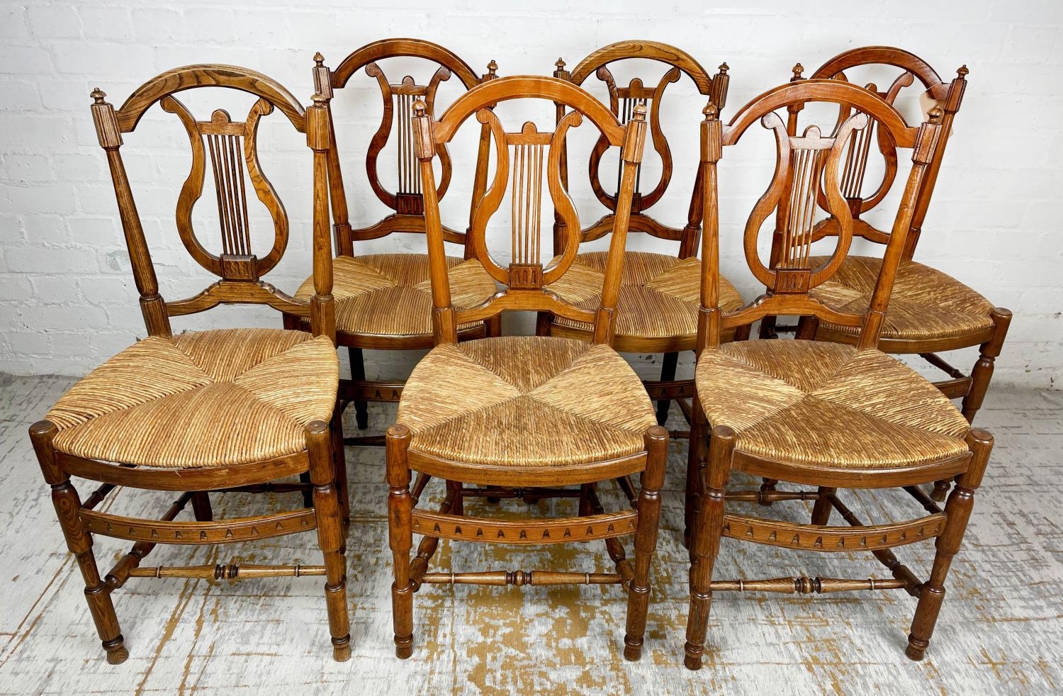 DINING CHAIRS, six, late 19th century French Provincial ash with lyre backs and rush seats. (6) - Image 2 of 3