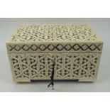 CASKET, bone geometric clad with hinged top and interior tray, 22cm H x 38cm x 25cm.