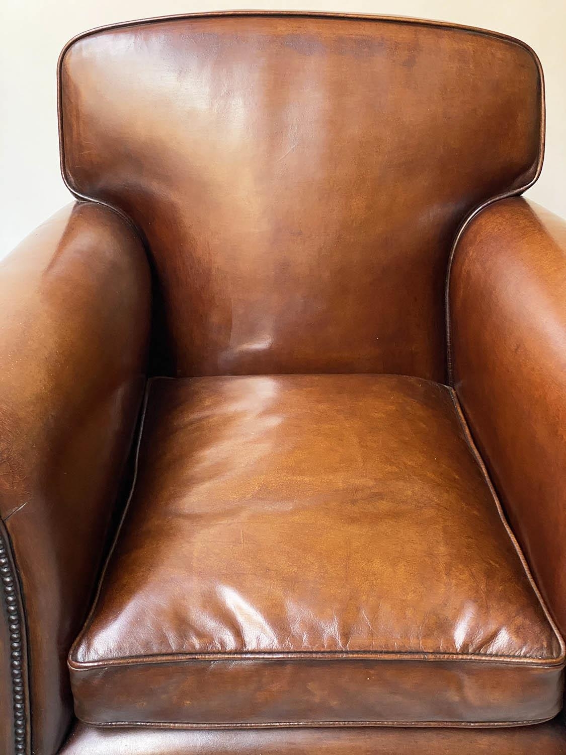 CLUB ARMCHAIRS, a pair, French Art Deco period with hand dyed leaf brown piped and studded - Image 5 of 9