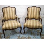 FAUTEUILS, a pair, Louis XV style in striped fabric, 70cm W, to match previous lot. (2)
