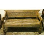 INDONESIAN CARVED BENCH, weathered teak, 198cm x 95cm x 100cm H.