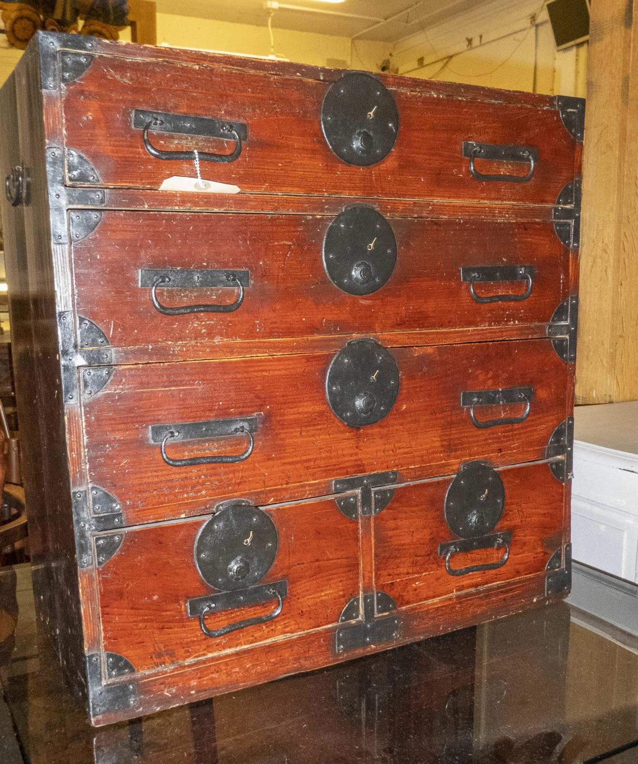 TANSU, late 19th century Japanese, firwood and iron bound of compact proportions, with five drawers, - Image 4 of 6