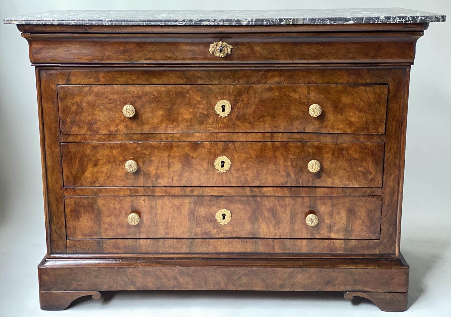 COMMODE, 19th century French Louis Philippe, burr walnut and gilt metal mounted, with four long