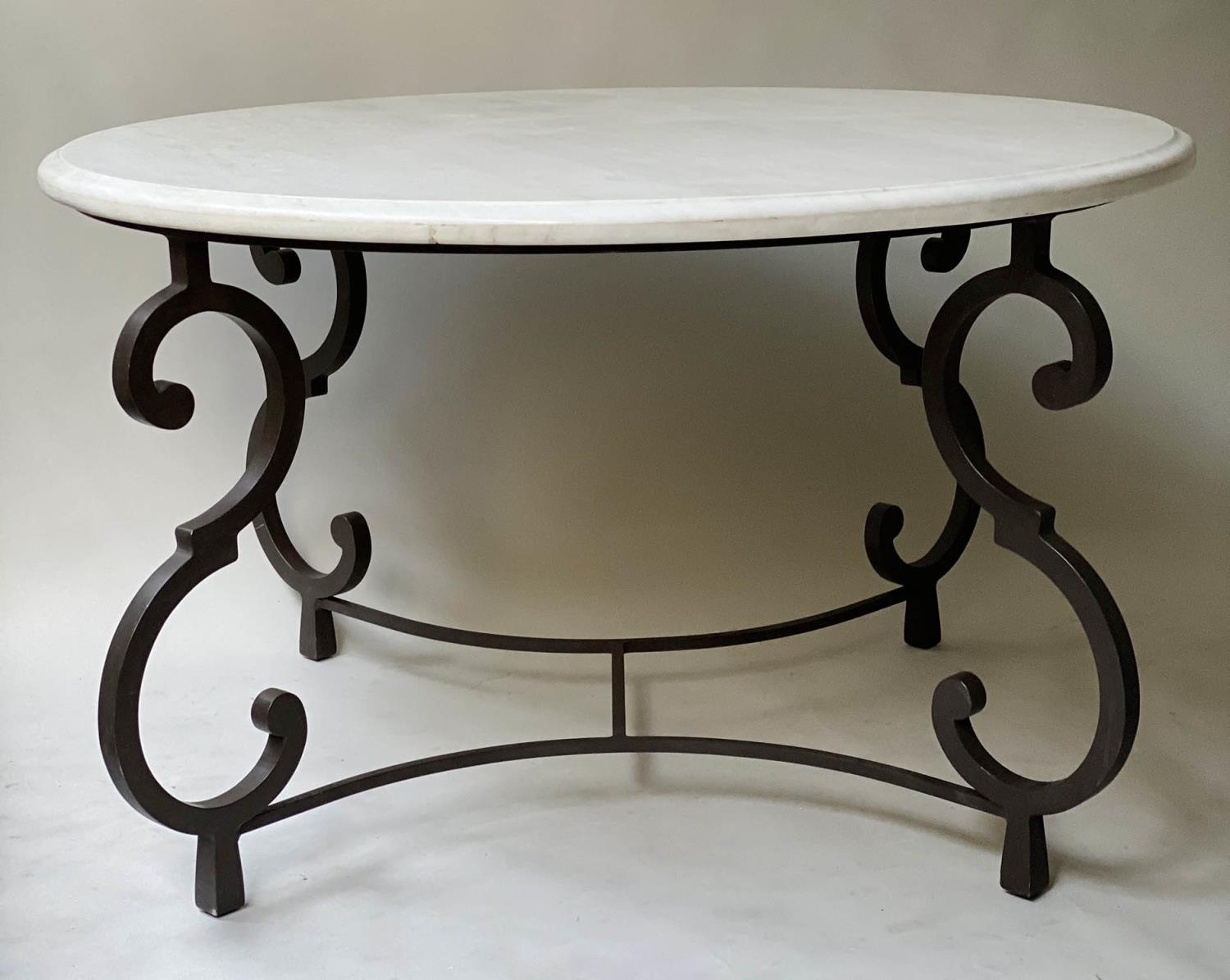 DINING/CENTRE TABLE, circular variegated white marble top on bronze scroll supports, 135cm W x