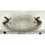 CHARGER TRAY, polished metal with faux antler handles, 63cm diam x 13cm H.